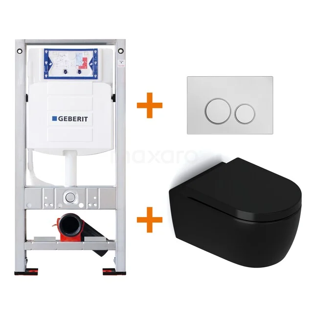 WC-Set Matt Schwarz ohne Rand + Geberit UP320 Unterputzspülkasten mit Schalldämmung TOI440 Unterputzspülkasten Set mit Schwarz Wand-WC und Weiß Bedienfeld, strakes Design für moderne Badezimmer Einrichtung.