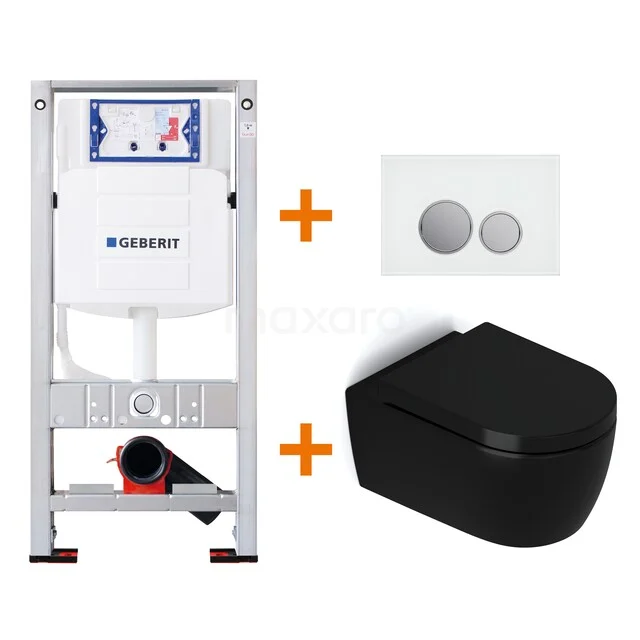 Toilet set Matte black with Easy clean + Geberit UP320 concealed cistern TOI446 Black wall hung toilet with concealed cistern, pressure plate and mounting kit; modern design, perfect for a stylish bathroom upgrade.