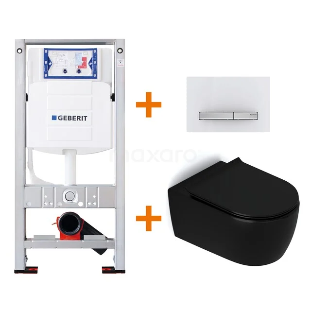 Zwart hangtoilet met strak design, inclusief wit bedieningspaneel en inbouwreservoir. Perfect voor moderne badkamers.