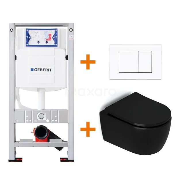 Toiletset Mat zwart zonder Spoelrand + Geberit UP320 inbouwreservoir met geluidsisolatie TOI461