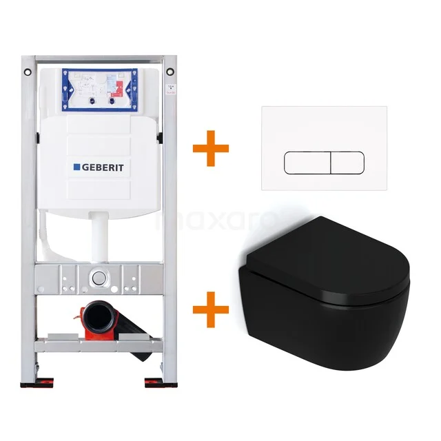 WC-Set Matt Schwarz ohne Rand + Geberit UP320 Unterputzspülkasten mit Schalldämmung TOI462 Inbouw WC-Set mit Schwarz Wandcloset, weißer Bedienungsplatte und solidem Rahmen, ideal für ein modernes Badezimmer.