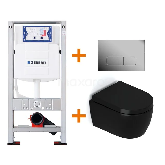 Toiletset Mat zwart zonder Spoelrand + Geberit UP320 inbouwreservoir met geluidsisolatie TOI473