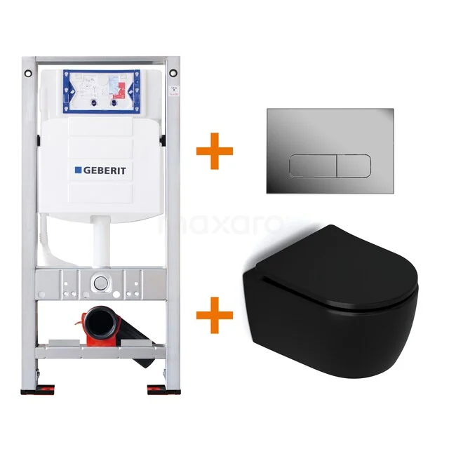 WC-Set Matt Schwarz ohne Rand + Geberit UP320 Unterputzspülkasten mit Schalldämmung TOI474 Weißer Unterputzspülkasten mit schwarzem Wand-WC und Chrom-Bedienfeld, ideal für moderne Bäder mit klarem Design.