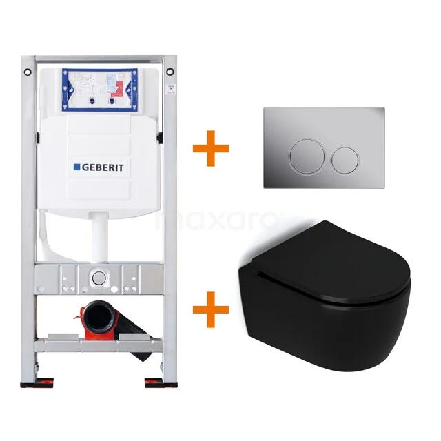 Toiletset Mat zwart zonder Spoelrand + Geberit UP320 inbouwreservoir met geluidsisolatie TOI476