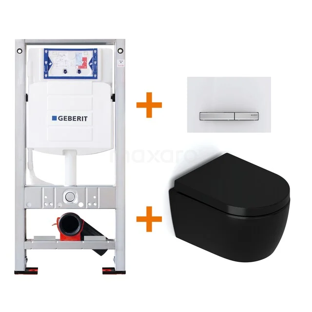 Toiletset Mat zwart zonder Spoelrand + Geberit UP320 inbouwreservoir met geluidsisolatie TOI493 Zwart wandcloset met inbouwreservoir en bedieningsplaat, strak design ideaal voor een moderne badkamer.