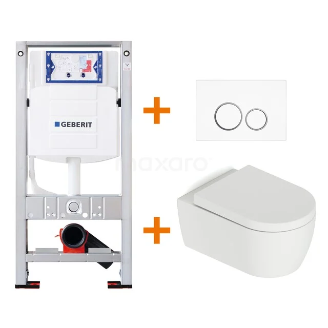 Geberit built-in toilet set with white wall hung toilet, flush plate and frame; modern toilet solution for sleek bathrooms.