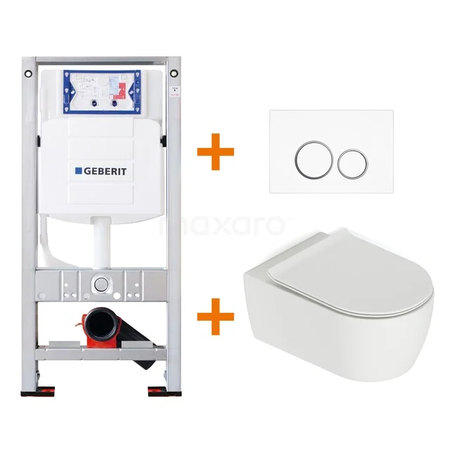 WC-Set Matt Weiß mit Rand + Geberit UP320 Unterputzspülkasten mit Schalldämmung TOI506 Geberit Unterputzspülkasten mit weißem Wand-WC und Betätigungsplatte, elegantes Design für ein modernes Badezimmer.