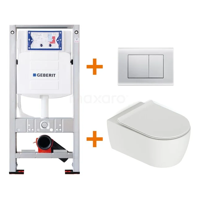 Wall-mounted toilet set with white ceramic toilet, concealed cistern and modern control plate, ideal for a sleek bathroom design.