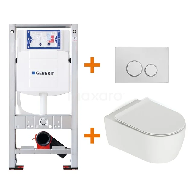 Toiletset Mat wit met Spoelrand + Geberit UP320 inbouwreservoir met geluidsisolatie TOI524 Hangend toilet met wit keramiek, inbouwreservoir en bijpassende drukplaat; ideaal voor een strakke moderne badkamer.