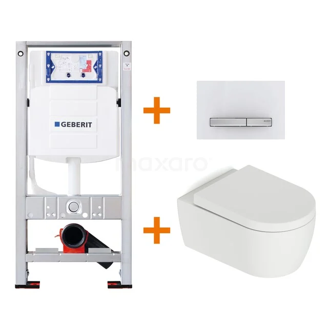 Geberit concealed cistern with white wall closet and control plate, space-saving system for a modern bathroom.