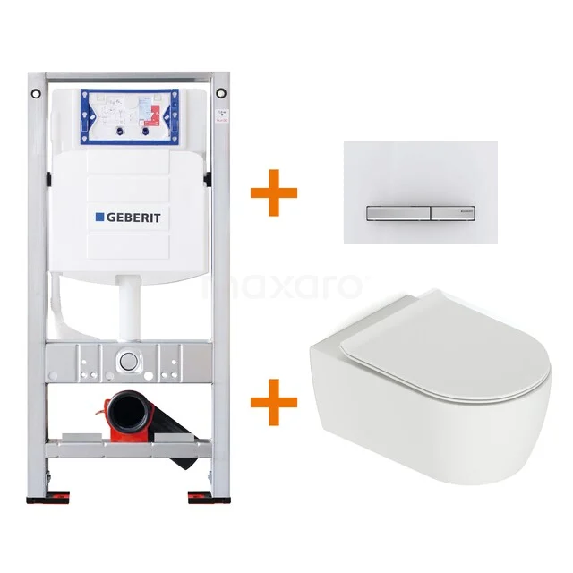 Toiletset Mat wit met Spoelrand + Geberit UP320 inbouwreservoir met geluidsisolatie TOI534 Wit Geberit wandclosetpakket met ingebouwd spoelsysteem, modern design en verborgen bevestiging voor een strakke badkamerstijl.