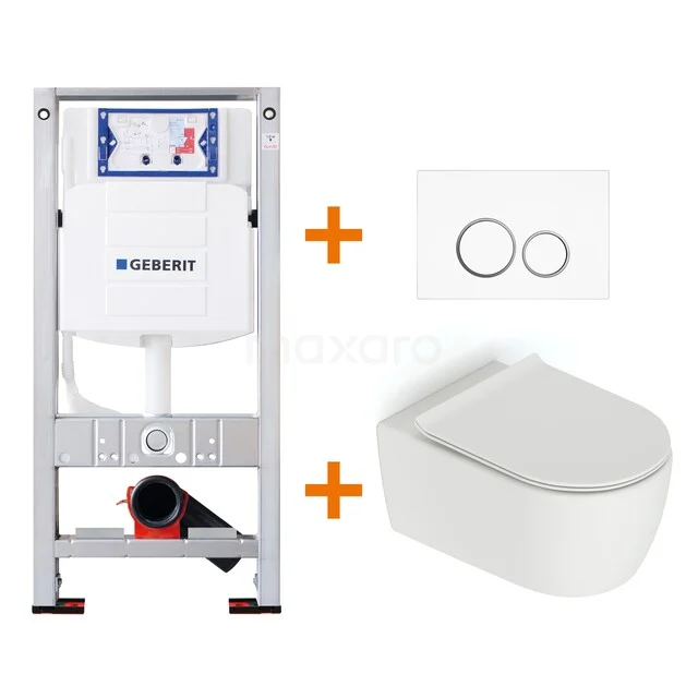 Inbouw WC-set, wit keramiek hangtoilet, Geberit frame met bedieningsplaat; strak design voor moderne badkamers.