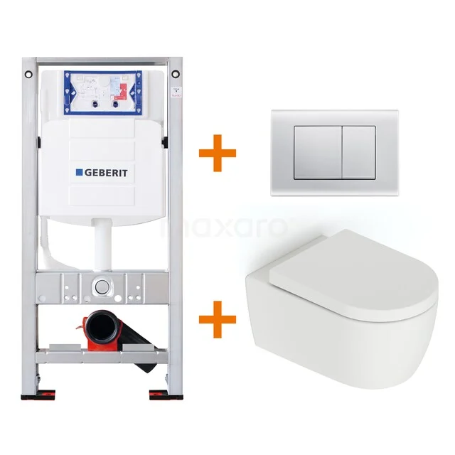 Toilet set Matte white with Easy clean + Geberit UP320 concealed cistern TOI599 Wall-hung toilet set white with concealed cistern, push plate and floating toilet; modern design for a sleek bathroom.