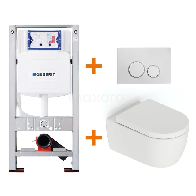 Wit hangend toilet met inbouwreservoir en drukplaat, Geberit Duofix-serie, ideaal voor stijlvolle en ruimtebesparende badkamers.