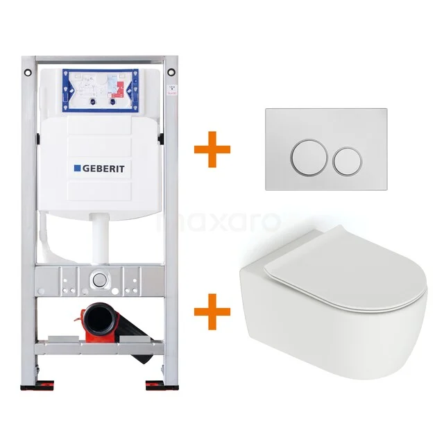 Toiletset Mat wit zonder Spoelrand + Geberit UP320 inbouwreservoir met geluidsisolatie TOI604 Wit inbouwtoilet met modern wandcloset, aluminium bedieningsplaat en stevig frame. Perfect voor een stijlvolle badkamerupgrade.