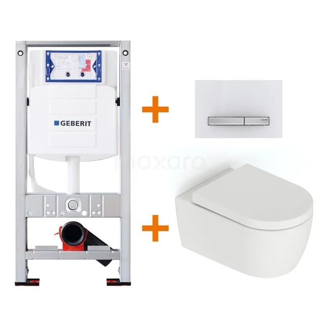 Toiletset Mat wit zonder Spoelrand + Geberit UP320 inbouwreservoir met geluidsisolatie TOI613 Inbouwreservoirset met wandcloset, wit keramiek, inclusief drukplaat; ruimtebesparend design voor moderne badkamers.
