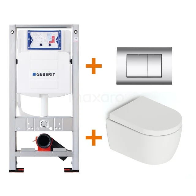 Toiletset Mat wit zonder Spoelrand + Geberit UP320 inbouwreservoir met geluidsisolatie TOI633 Inbouwreservoir met RVS drukplaat en wit wandcloset, ideaal voor een moderne badkamer, compact en waterbesparend design.