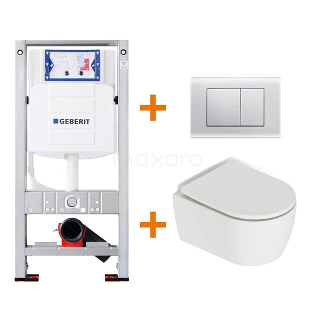 Toiletset Mat wit met Spoelrand + Geberit UP320 inbouwreservoir met geluidsisolatie TOI560 Inbouw WC-set met wit keramisch hangtoilet, frame en dubbel spoelmechanisme; ideaal voor een moderne badkamer.