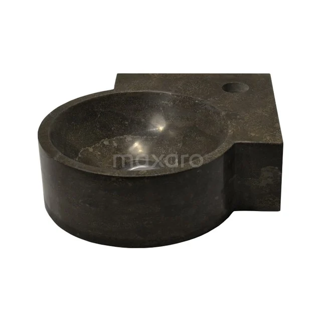 Schwarze Natursteine Waschbecken, runde Schüssel mit rechteckiger Rückseite, ideal als kompakte und stilvolle Badezimmerlösung.