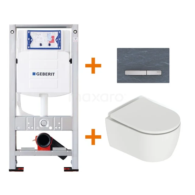 Toiletset Mat wit met Spoelrand + Geberit UP320 inbouwreservoir met geluidsisolatie TOI578 Inbouwreservoirset: wit hangtoilet, keramiek, met grijze drukplaat en spoelmechanisme, ideaal voor moderne badkamerinstallaties.