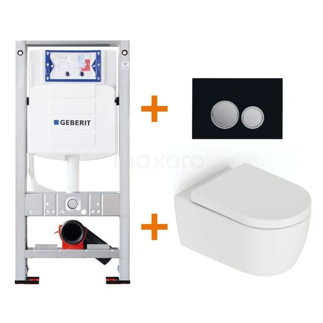 Concealed cistern with white wall-mounted toilet, black flush plate and soft-closing function; bathroom set modern design.