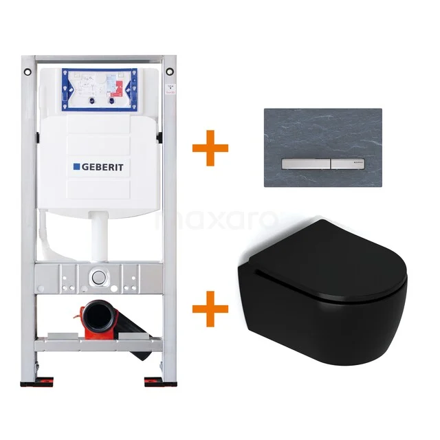 Black wall hung toilet with glossy finish, including concealed cistern and modern control plate, ideal for a stylish bathroom.