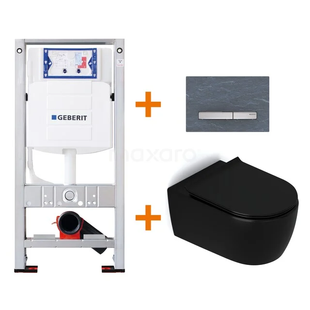 Zwart hangend toilet met inbouwreservoir en grijze bedieningsplaat. Modern badkamerpakket, compact en stijlvol ontwerp.