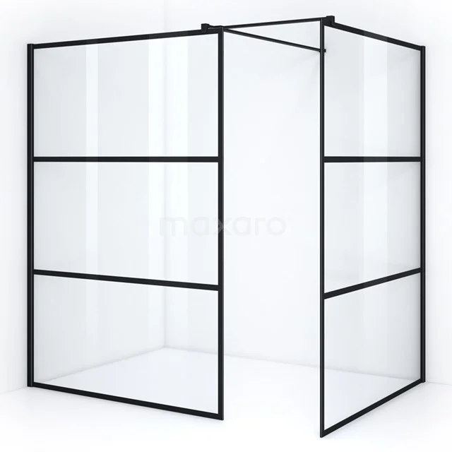 Pearl Walk-in shower | 140x140 cm Matte black Clear with 4 black stripes 2 fixed walls IPB1414508M Black industrial shower screen with matte black frames and clear glass panels, ideal for a modern bathroom style.