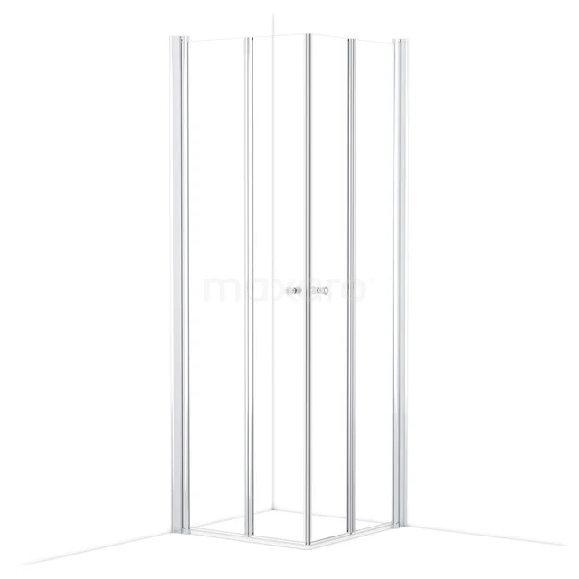Witte glazen hoekdouchecabine met minimalistisch aluminium frame, perfect voor een moderne badkamer inrichting.