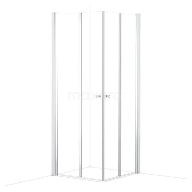 Witte hoekdouchecabine met transparante glazen wanden, aluminium profielen en metalen handgreep, ideaal voor een moderne badkamer.