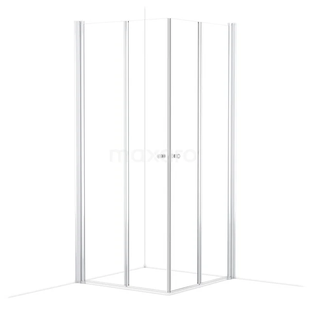 Quadratische Duschkabine aus Klarglas mit silbernen Profilen, modernes Design, ideal für eine stilvolle Badezimmerumgebung.