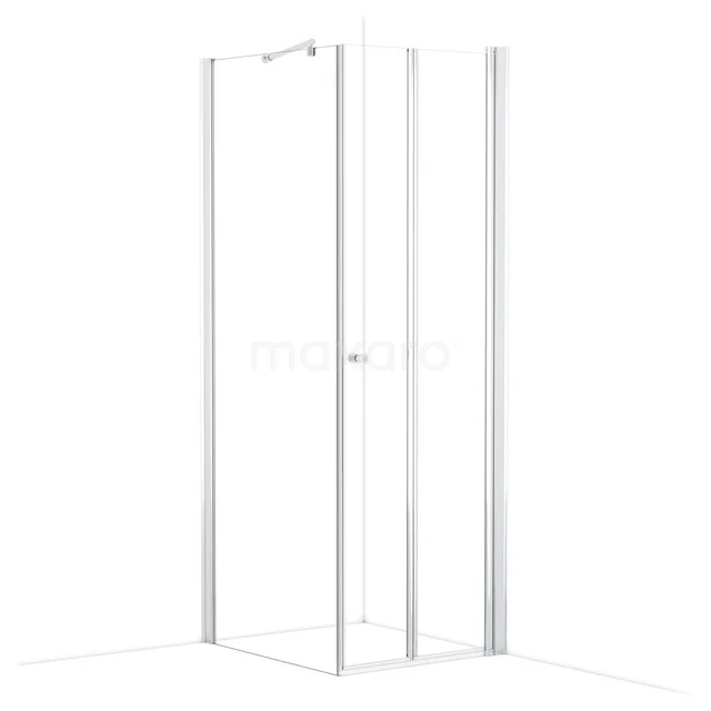 Corner shower cabin in clear glass with white aluminium frame, ideal for modern bathroom design.