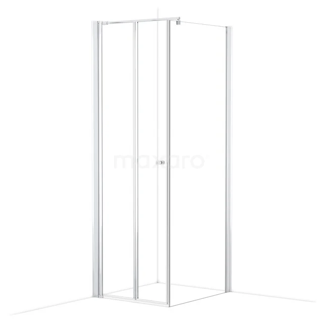 Witte hoekdouchecabine met glazen deuren, minimalistisch design, ideaal voor een moderne badkamer.