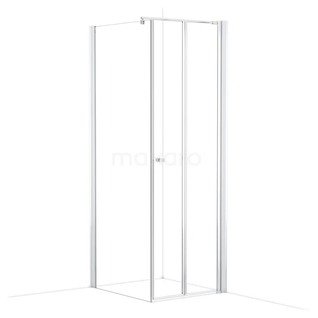 Witte hoekdouchecabine met schuifdeur, minimalistisch design, ideaal voor moderne badkamers, gemaakt van stevig glas en aluminium.