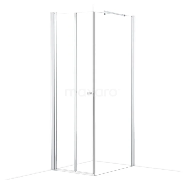 Weiße Eck-Duschkabine mit Glasplatten und Aluminiumrahmen, modernes Design, ideal für eine räumliche Badezimmergestaltung.