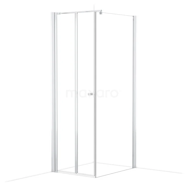 Witte douchecabine met glazen schuifdeuren, hoekopstelling, ideaal voor moderne badkamers, gemaakt van hoogwaardig veiligheidsglas.