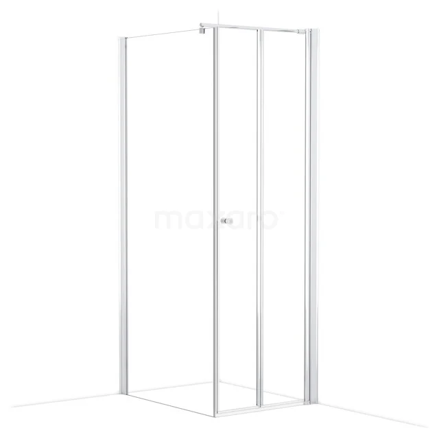 Glazen douchecabine met wit aluminium frame, hoekvormig ontwerp, ideaal voor een moderne badkamer.