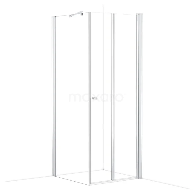 Weiße Eck-Duschkabine mit Glaswänden, schlankem Aluminiumrahmen und Drehtür, ideal für moderne Bäder.