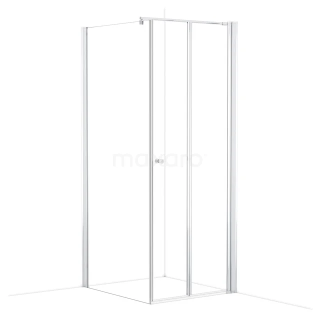 Witte hoekdouchecabine met helder glas en aluminium profielen, ideaal voor een moderne badkamer inrichting.
