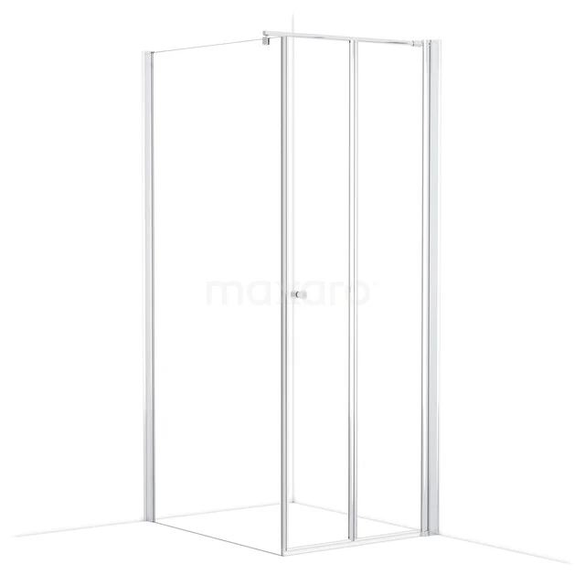 Corner shower cabin with clear glass, aluminium profiles and pivot door in minimalist design for modern bathrooms.