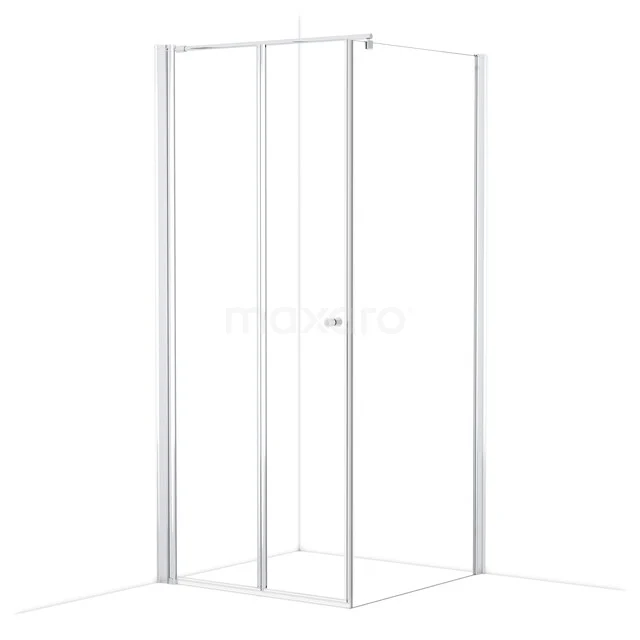 Shower enclosure corner entry, transparent glass, sleek aluminium frame, space-saving design for modern bathrooms.