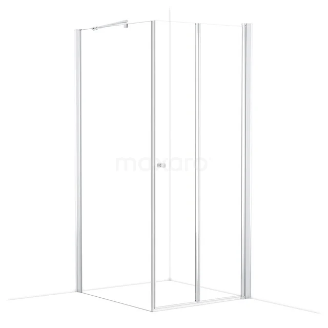 Minimalistische weiße Duschkabine, quadratisches Modell mit Glasplatten, ideal für ein modernes Badezimmer.