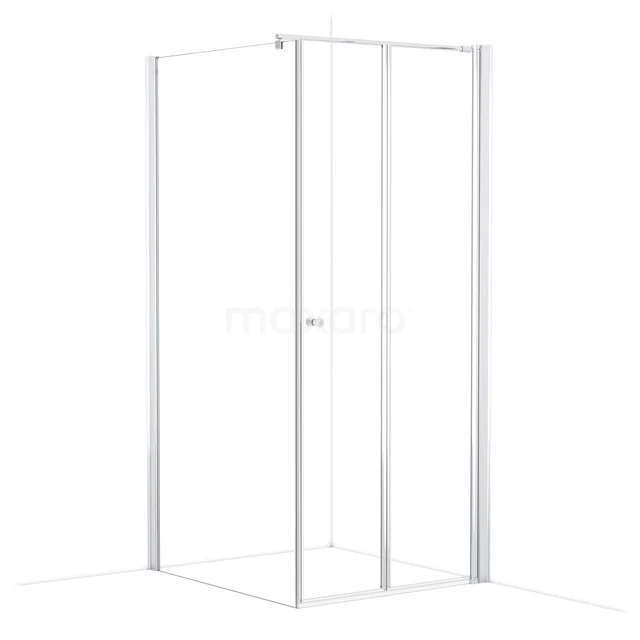 Weiße Eck-Duschkabine mit Glaselementen, minimalistisches Design, ideal für moderne Bäder.