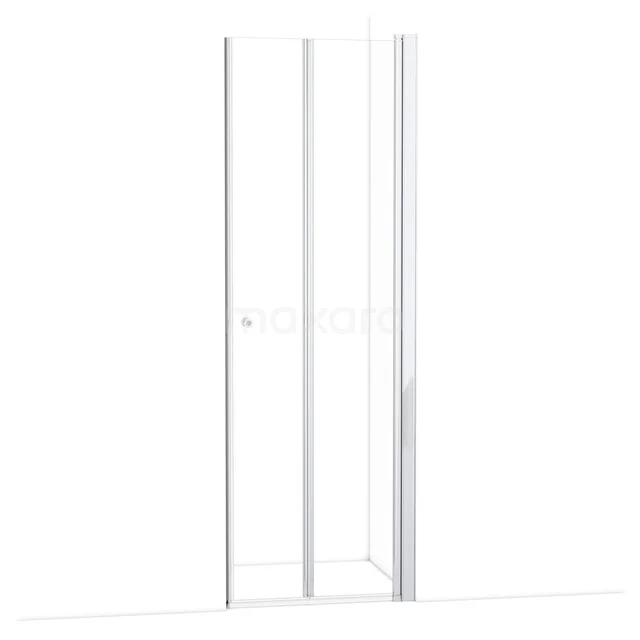 White shower screen with pivot door, minimalist design, suitable for modern bathrooms. Made of clear glass and aluminium.