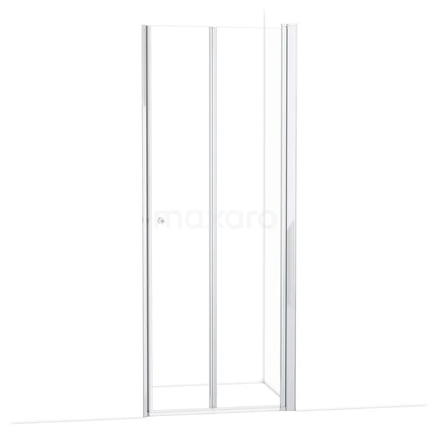 Witte douchewand met helder glas, verstelbaar systeem en strak aluminium profiel, ideaal voor moderne badkamers.