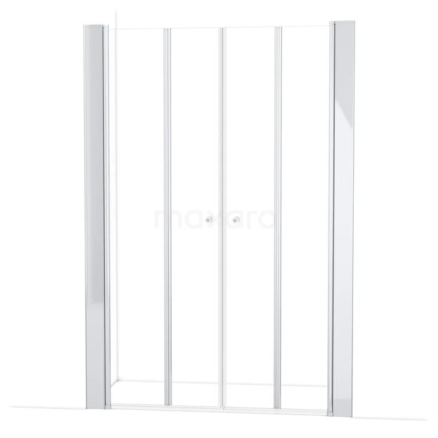 White two-piece shower door made of glass and aluminium, suitable for modern bathrooms, with clean and minimalist design.