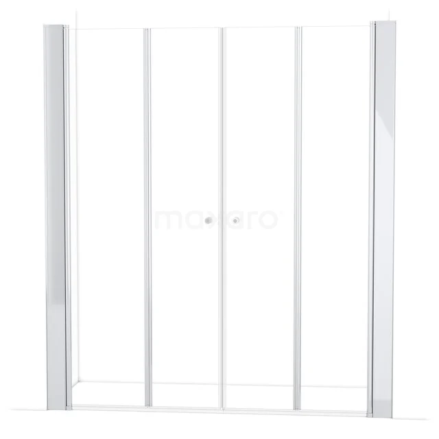 Weiße Schiebeduschtür mit silbernen Profilen, schlankes Design, perfekt für moderne Bäderserien.