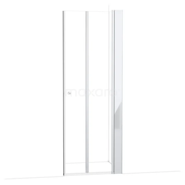 Glazen douchedeur, helder glas, wit aluminium frame, elegant ontwerp; perfect voor een moderne badkamer.