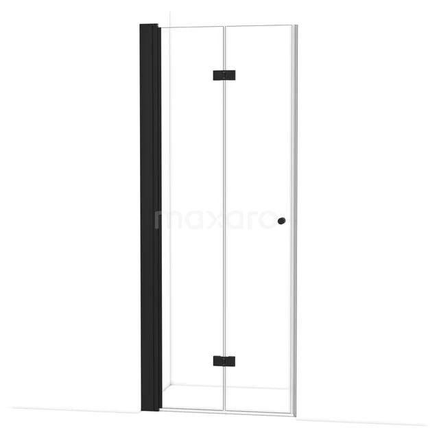 Matte schwarze Duschtür mit Klarglas, scharnierend Design, ideal für ein modernes Badezimmer.