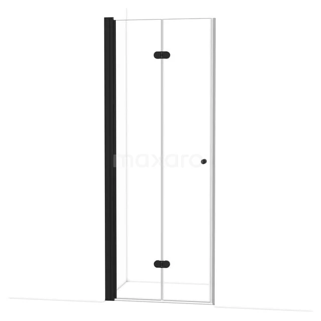 Duschtür mit Klarglas, schwarzem Metallrahmen und Scharnieren, ideal für ein modernes Badezimmer.